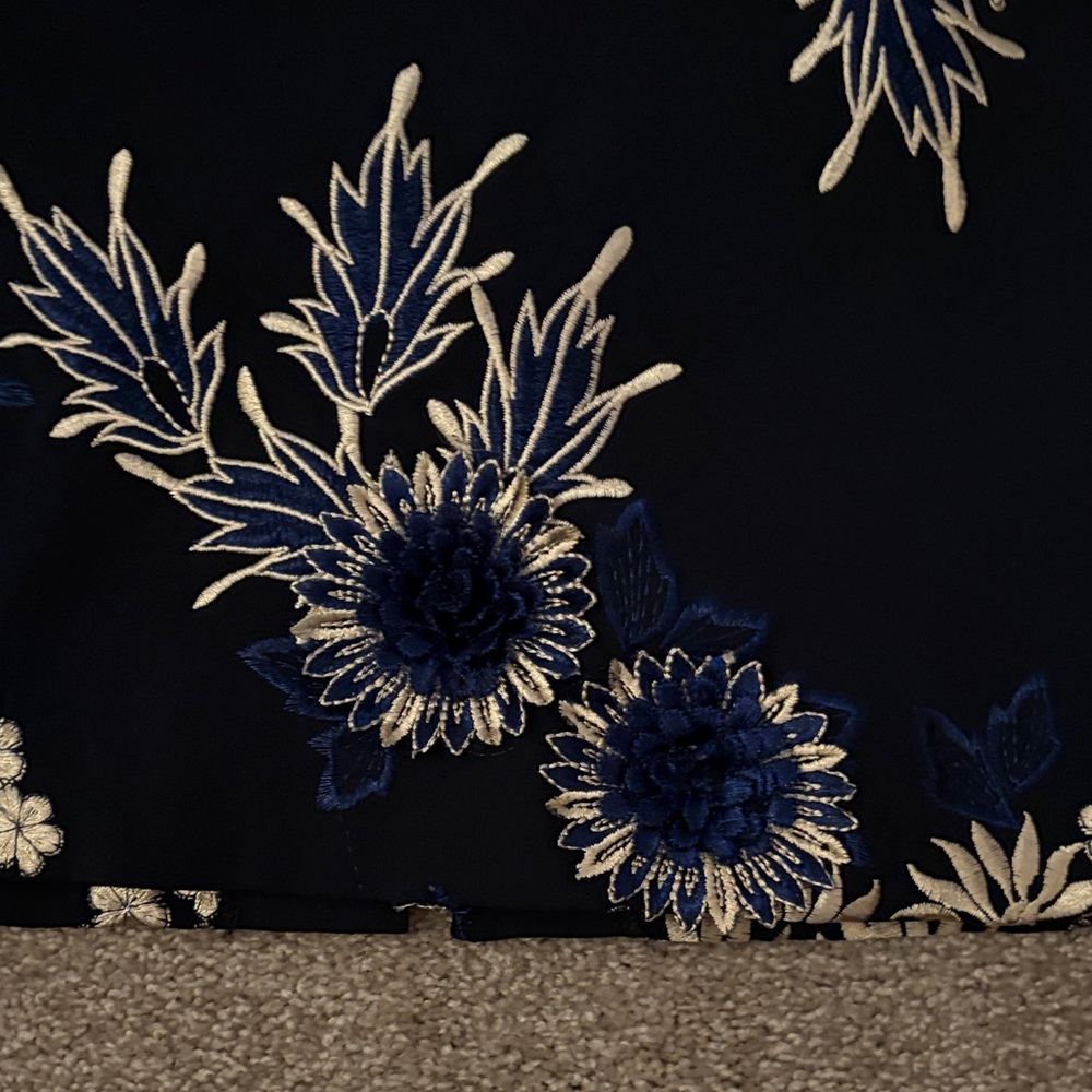 Badgley Mischka Navy Midi Dress with White & Blue Embroidered Floral Print - Picture 8 of 16